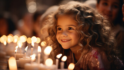 Fototapeta premium Smiling girl holds candle, radiating happiness in celebration generated by AI
