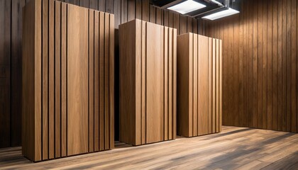 Panoramic view of brown acoustic panels on wooden boards, acoustic design,architectural interior