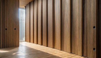 door in a room, Panoramic view of brown acoustic panels on wooden boards, acoustic design,architectural interior
