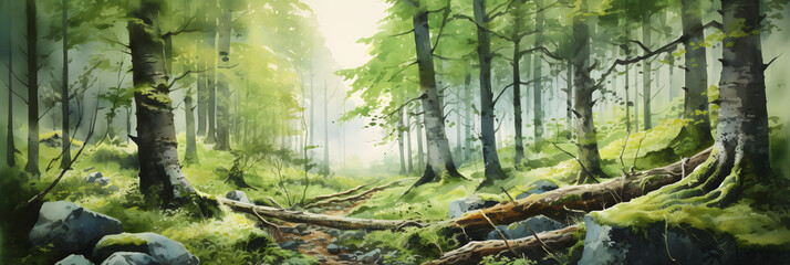 watercolour painting of the forest landscape, a picturesque natural environment in harmonious colours