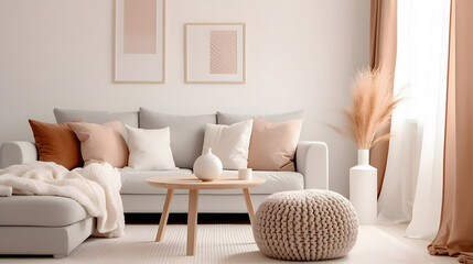 Knitted pouf near white fabric sofa with blanket and terra cotta pillows. Scandinavian, hygge style home interior design of modern living room.