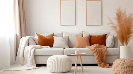 Knitted pouf near white fabric sofa with blanket and terra cotta pillows. Scandinavian, hygge style home interior design of modern living room.