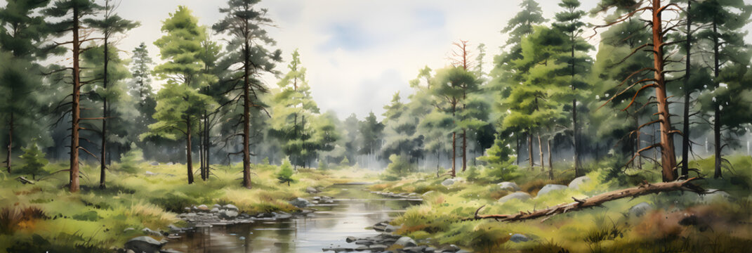 watercolour painting of the forest landscape, a picturesque natural environment in harmonious colours