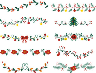 Fototapeta na wymiar Decorative Floral Christmas Dividers and Borders with Mistletoe Leaves, Fir Branches and Twigs