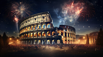 Famous Colosseum of Rome at night with fireworks