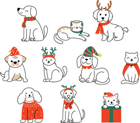 Set of Christmas cats and puppies wearing winter accessories like hats and scarves. Vector illustrations of cute animal faces in festive outfits display various emotions in a colorful cartoon style.