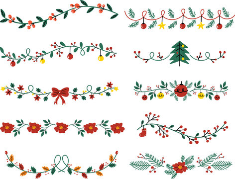 Decorative Floral Christmas Dividers and Borders with Mistletoe Leaves, Fir Branches and Twigs