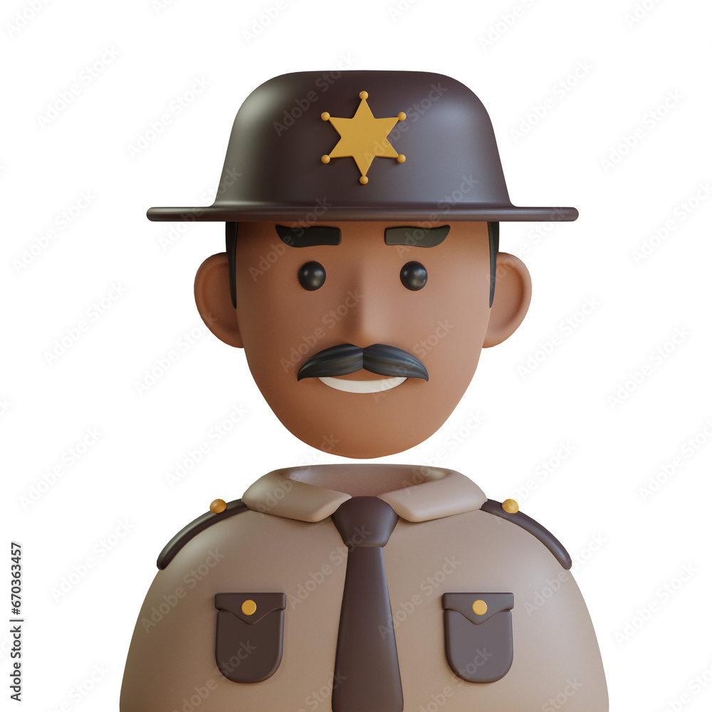 Poster 3d model of sheriff avatar. sheriff avatar design in 3d. 3d illustration, 3d element, 3d rendering. 
