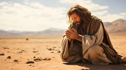 Jesus Christ praying on sand in desert , crossing hands