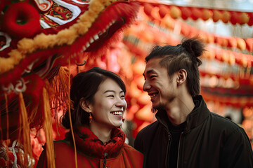 Happy couple watching the Dragon Festival Parade in the street
