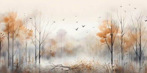 watercolour drawing forest pattern landscape of dry trees in autumn with birds and fog background - obrazy, fototapety, plakaty