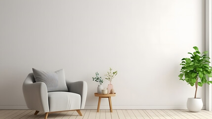 Modern interior of living room with gray armchair on empty white color wall background.