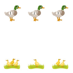 Counting educational children game, math kids activity sheet. How many objects task.Find ducklings for each mother duck.