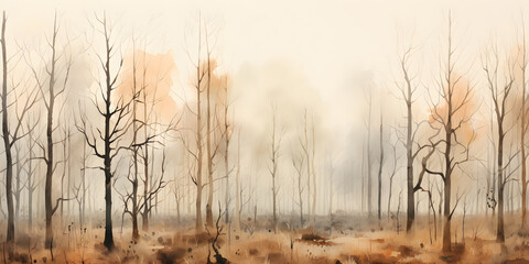 watercolour drawing forest pattern landscape of dry trees in autumn with fog background