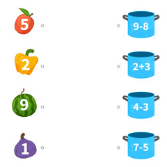 Counting educational children game, math kids activity sheet. How many objects task. Place the food in the correct pan.