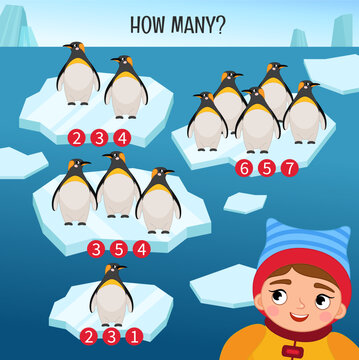 Counting educational children game, math kids activity sheet. How many objects task. Count how many penguins are on each ice floe.