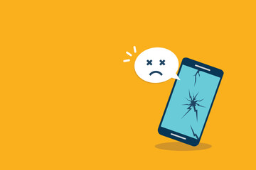 Broken smartphone with sad smile. Broken phone service, recovery and repair concept.	