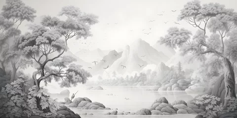 Foto op Aluminium vintage drawing landscape forest of ancient European of trees, black and white Design for wallpaper © sam