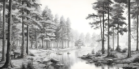 vintage drawing landscape forest of ancient European of trees, black and white Design for wallpaper