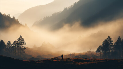 a lonely silhouette in a sunset landscape in the wild, fog autumn atmosphere of peace and tranquility - obrazy, fototapety, plakaty