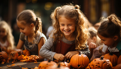 Children playing outdoors, smiling, bonding, enjoying Halloween pumpkin decoration generated by AI