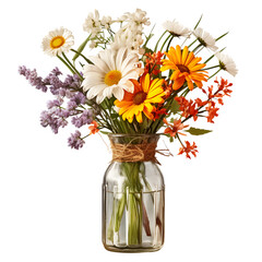 Vase of wildflowers on wooden table and High quality isolated on transparent background Generative AI