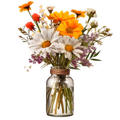 Vase of wildflowers on wooden table and High quality isolated on transparent background Generative AI
