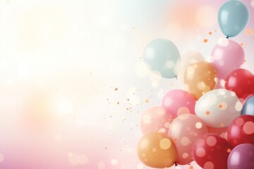 Soft gentle Birthday background composition with balloons and confetti birthday card or invitation design Generative AI - obrazy, fototapety, plakaty