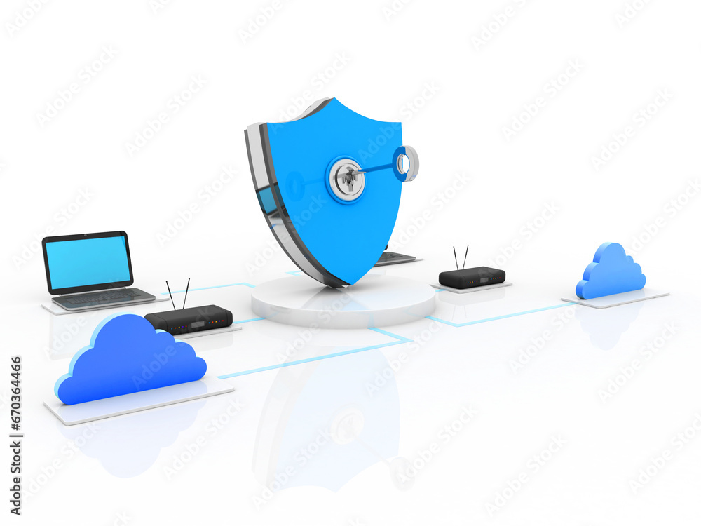Poster 3d rendering technology computer modem network with cloud