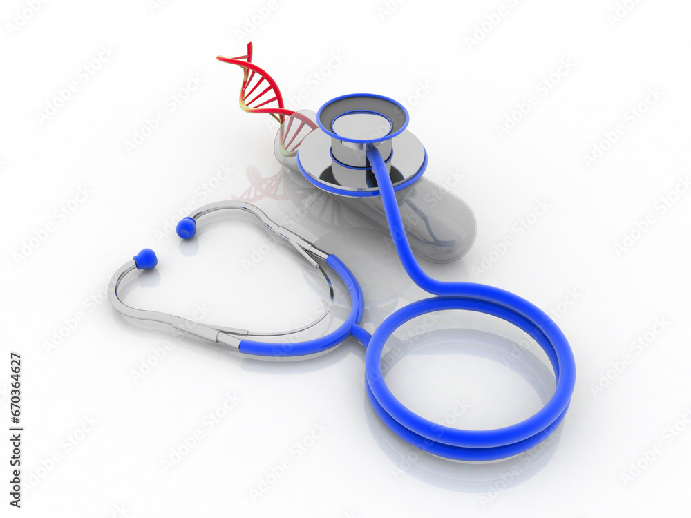 Poster 3d render of dna structure with stethoscope