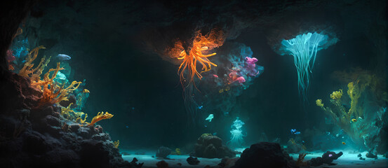 Fototapeta na wymiar Underwater Realm: Deep Ocean, Coral Reef. Generative AI.