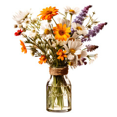 Vase of wildflowers on wooden table and High quality isolated on transparent background Generative AI