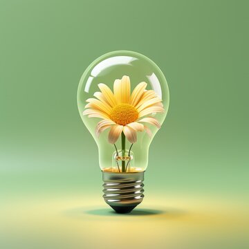 Yellow daisy inside light bulb against pastel green background. Minimal concept