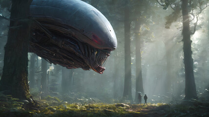 peculiar spaceship in the midst of a forest. UFO mystique in woodland setting, generative AI