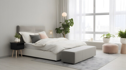 interior of a bedroom with a bed, Stylish bedroom interior with large comfortable bed and ottoman near window