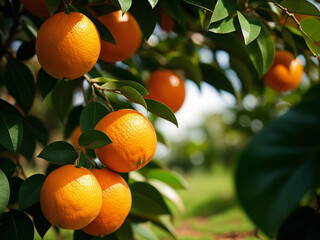 Orange trees with ripe fruits. Bloomy orange garden.	
