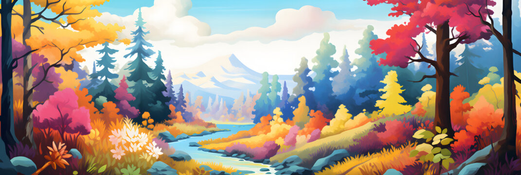 colourful painting of the forest landscape, a picturesque natural cartoon environment in harmonious colours in a cute and simple style
