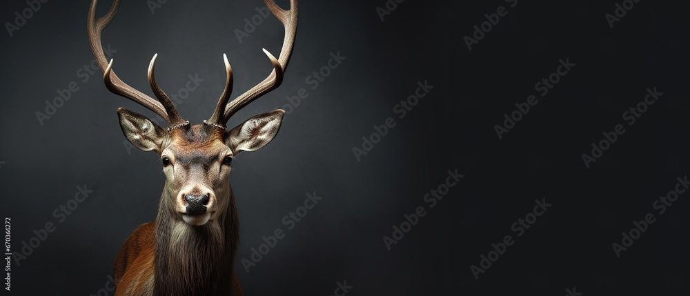 Wall mural front view of a axis deer on black background. wild animals banner with empty copy space