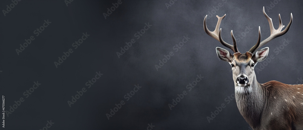 Wall mural front view of a axis deer on black background. wild animals banner with empty copy space