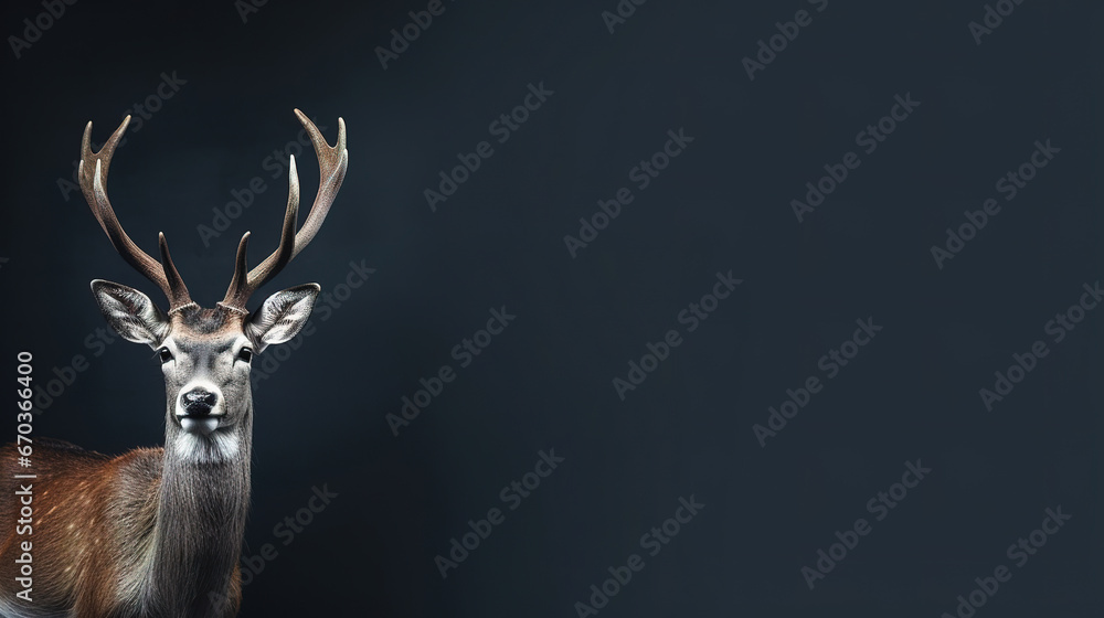 Wall mural front view of a axis deer on black background. wild animals banner with empty copy space