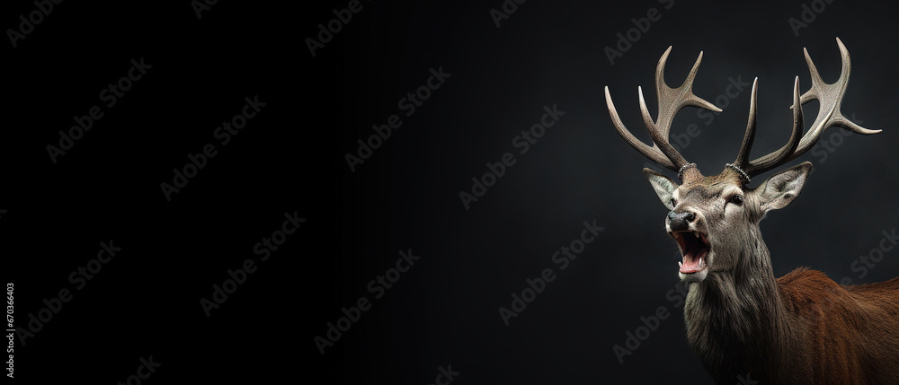 Wall mural front view of a axis deer on black background. wild animals banner with empty copy space