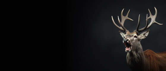 Front view of a axis deer on black background. Wild animals banner with empty copy space - obrazy, fototapety, plakaty