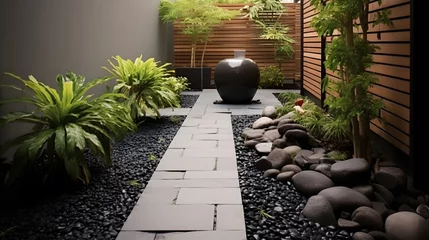 Fotobehang Small tropical plants and paving stone in garden modern house. Exterior design plant in garden © Planetz