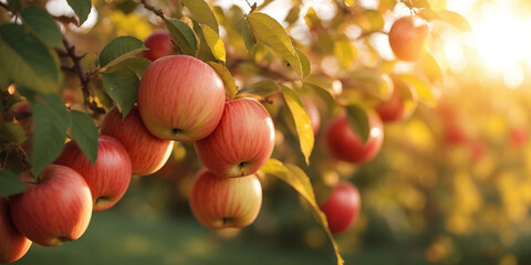 Apple trees with ripe fruits. Bloomy apple garden. - obrazy, fototapety, plakaty