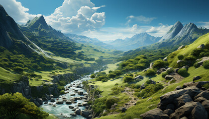 Majestic mountain range, green forest, tranquil meadow, flowing water generated by AI