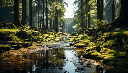 Tranquil scene nature beauty, green trees, flowing water, and sunlight generated by AI