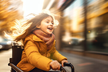 A disabled girl in a wheelchair with her hair blowing in the wind. Speed up and movement. Thirst for life and success. On open air.