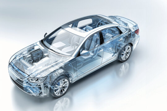 Projection of a modern car. 3D graphic visualization shows the analysis and optimization of a fully developed vehicle prototype. Modern technologies of mechanical engineering.