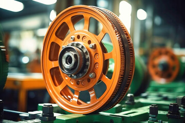 Photo of a detailed shot of a mechanical device with an orange wheel. Modern metal processing at an industrial enterprise. Manufacturing of high-precision parts and mechanisms. - obrazy, fototapety, plakaty