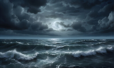 storm clouds over the sea with cloud covered moon in the sky - obrazy, fototapety, plakaty